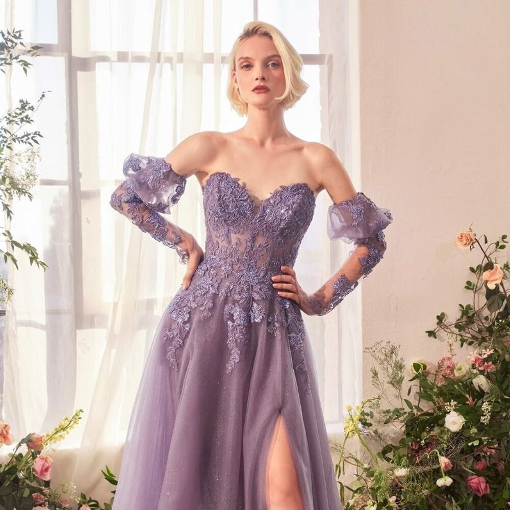 NEW FORMAL A-LINE FLORAL LACE EMBELLISHED MAXI GOWN W/ LONG SLEEVES CD A1398